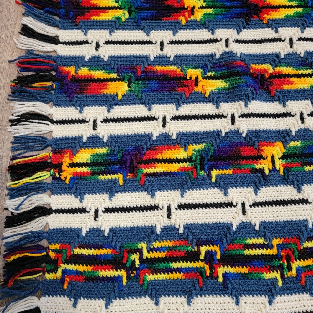 Handmade Crochet Afghan Vintage Colorful Tribal 68 x 66 Fringe Fall Southwestern